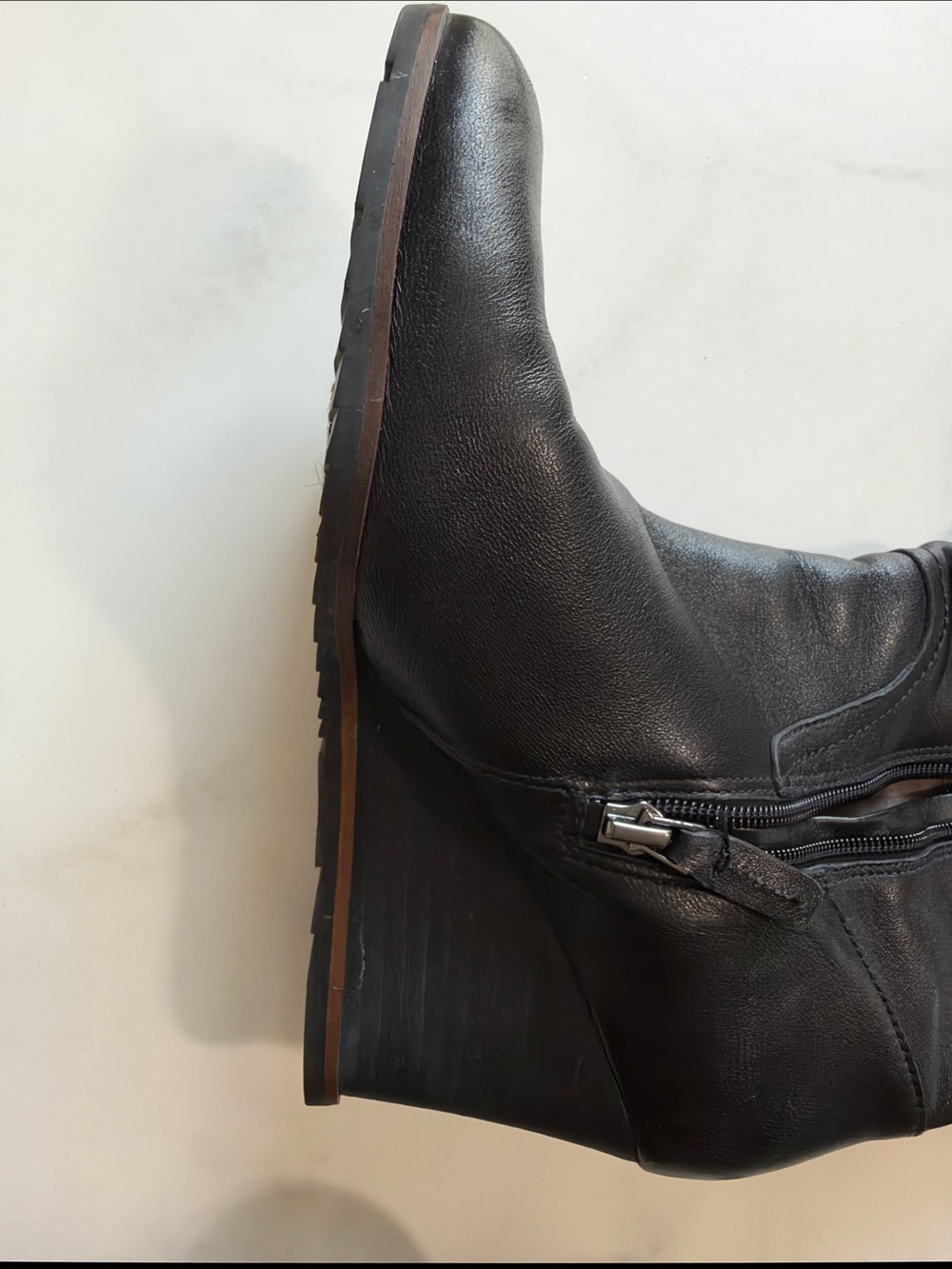 Women's Black Leather Knee-High Wedge Boots - Picture 11 of 15